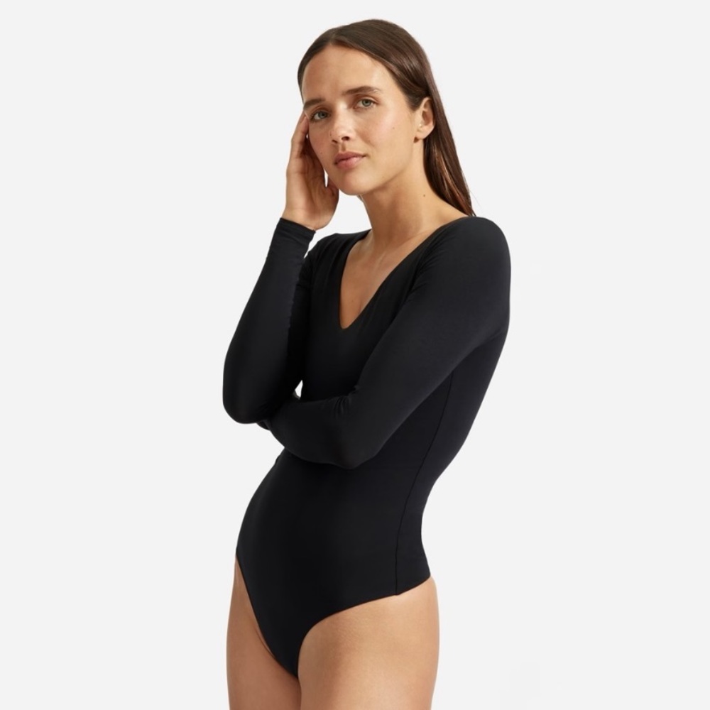 Everlane The Long Sleeve V Neck Thong Bodysuit Black